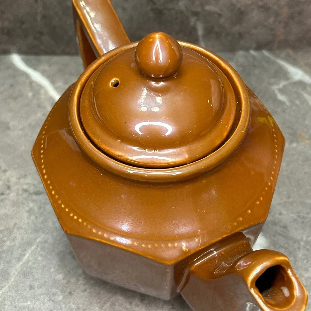 Vintage Ceramic Teapot Caramel Brown Glazed Tea Pot with Lid Dotted Trim Japan